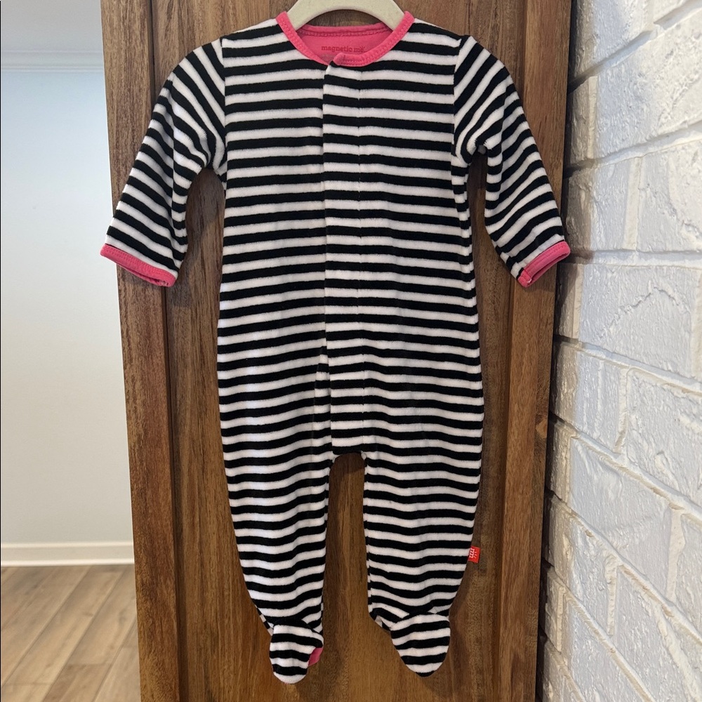 Magnetic Me Black and White Striped Footie with Pink Trim